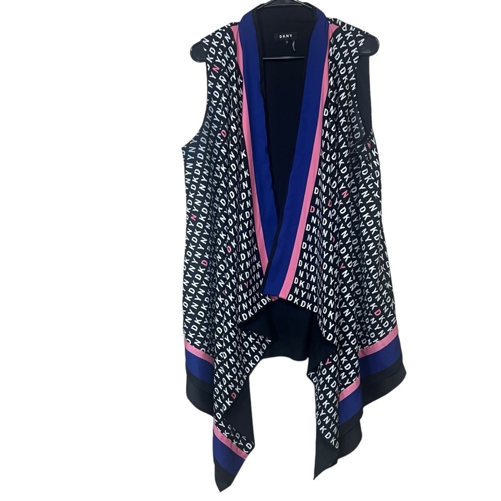 DKNY Donna Karan Logo Open Front Vest Sleeveless Cardigan Career Lagenlook M/L - Picture 1 of 9
